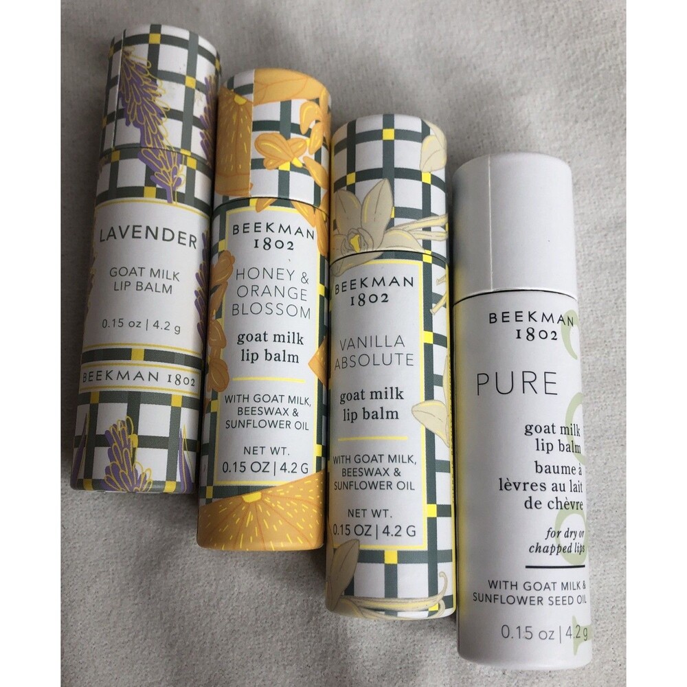 4 BEEKMAN LIP BALM VANILLA ABSOLUTE - HONEY ORANGE BLOSSOM - LAVENDER - PURE NEW